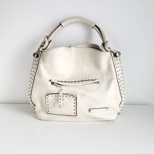 BCBGMAXAZRIA White Leather Shoulder Bag Contrast Stitch Hobo Purse